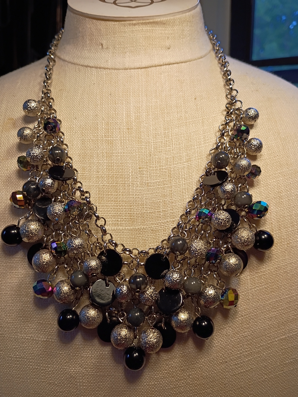 Statement Multi-Bead Silver and Black Layered Necklace